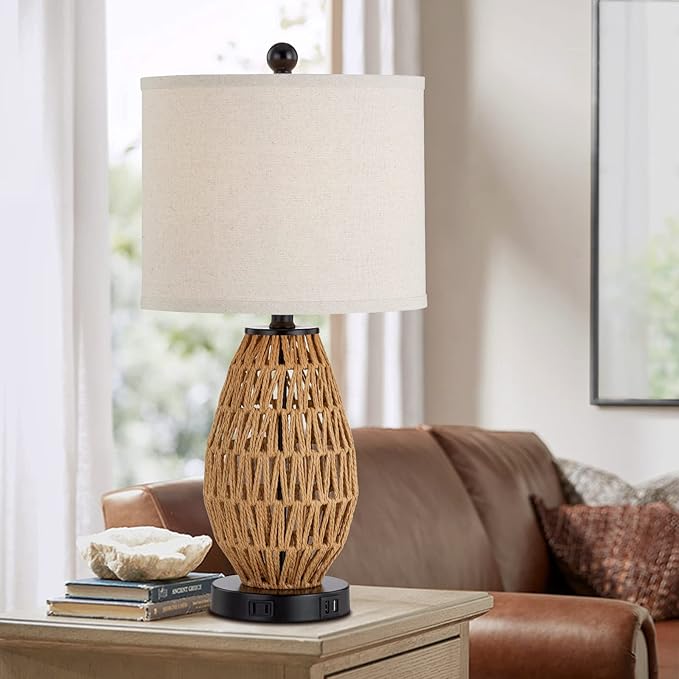 Touch Control Rattan Table Lamps, 3 Way Dimmable Bedside Lamps for Bedroom with 2 USB Ports and AC Outlet, Wicker Nightstand Lamps for Living Room Home Office (LED Bulbs Included)