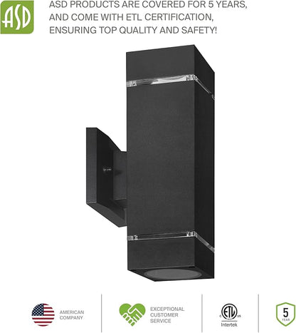 ASD 2 Light Square Outdoor Wall Light Fixture | 120W E26 Bulb Socket 120V ETL Cylinder Up Down Lights | LED/CFL/Incandescent Bulb Exterior Wall Sconce | Front Door, Porch Patio | Ringed Black
