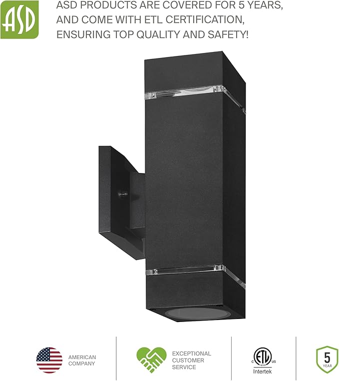 ASD 2 Light Square Outdoor Wall Light Fixture | 120W E26 Bulb Socket 120V ETL Cylinder Up Down Lights | LED/CFL/Incandescent Bulb Exterior Wall Sconce | Front Door, Porch Patio | Ringed Black, 2 Pack