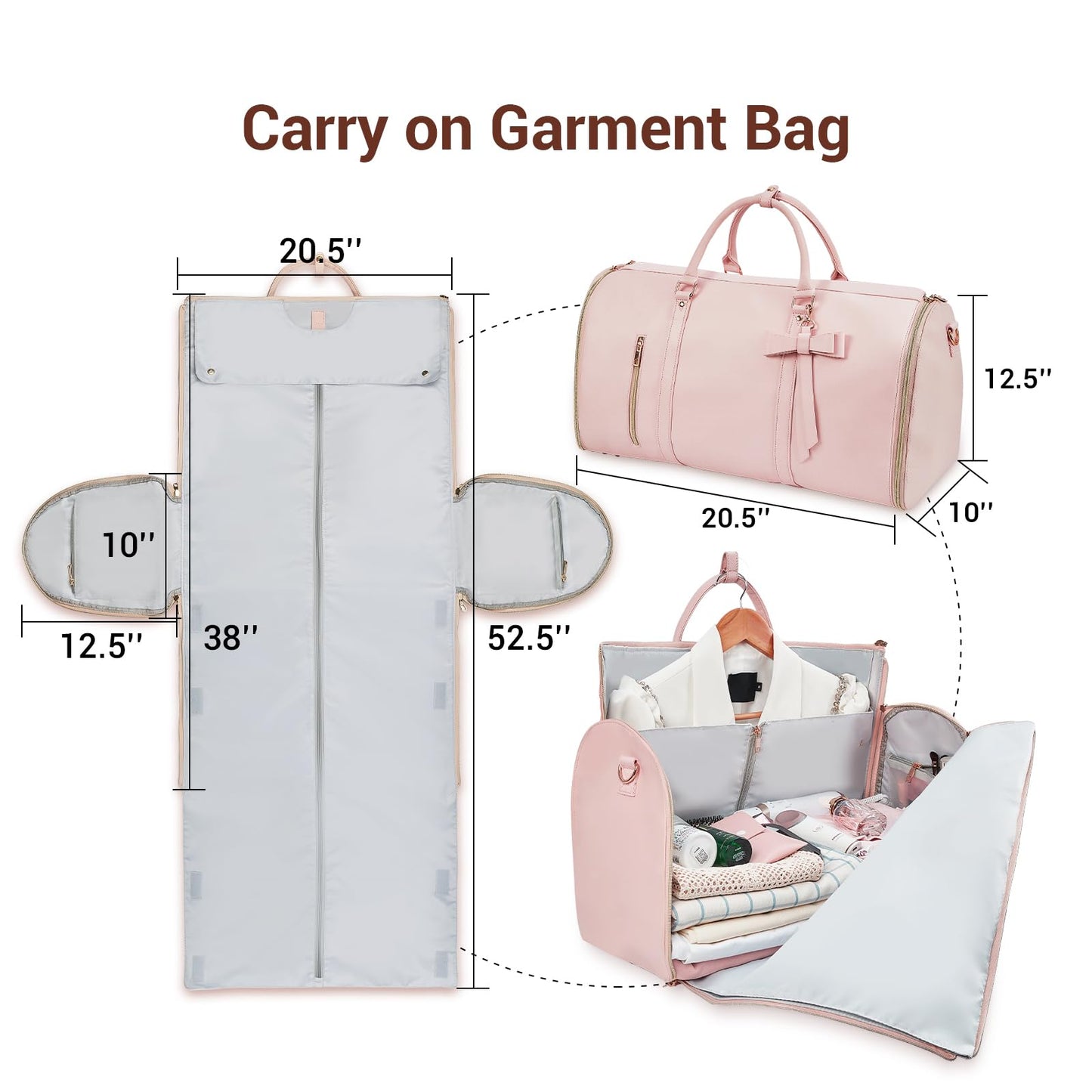 Garment Bags for Travel, Convertible Suit Travel Bag for Women, Stylish Carry On Garment Bag with Toiletry Pocket, Shoulder Strap and Shoes Compartment, 2 in 1 Foldable PU Leather Duffle Bag, Pink
