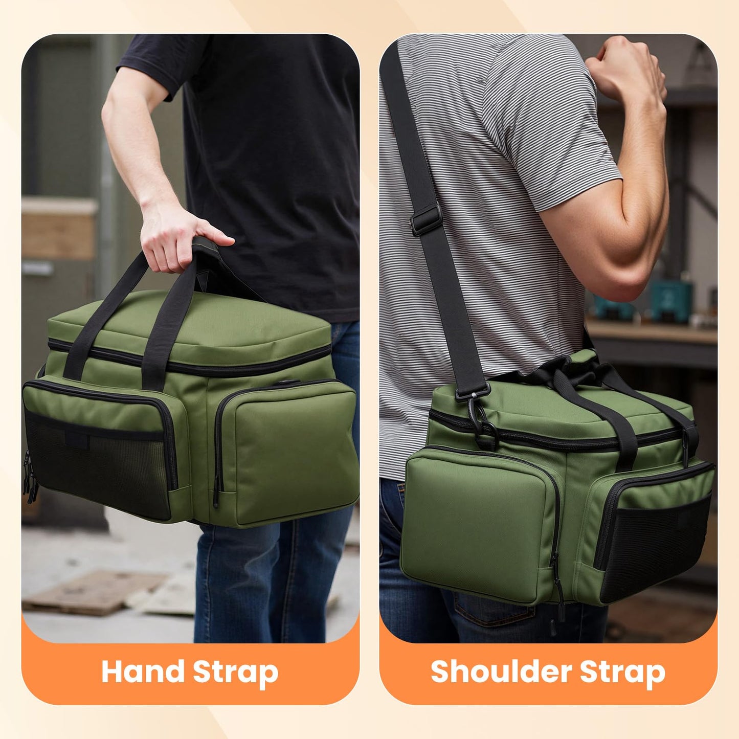 VJI Heavy Duty Tool Bag with Multi-Pockets, Portable Storage Bag with Large Zipper, Carrying Toolbag with Adjustable Shoulder Strap and Ergonomic Handle, Repairman, Carpenters, Handyman, Green
