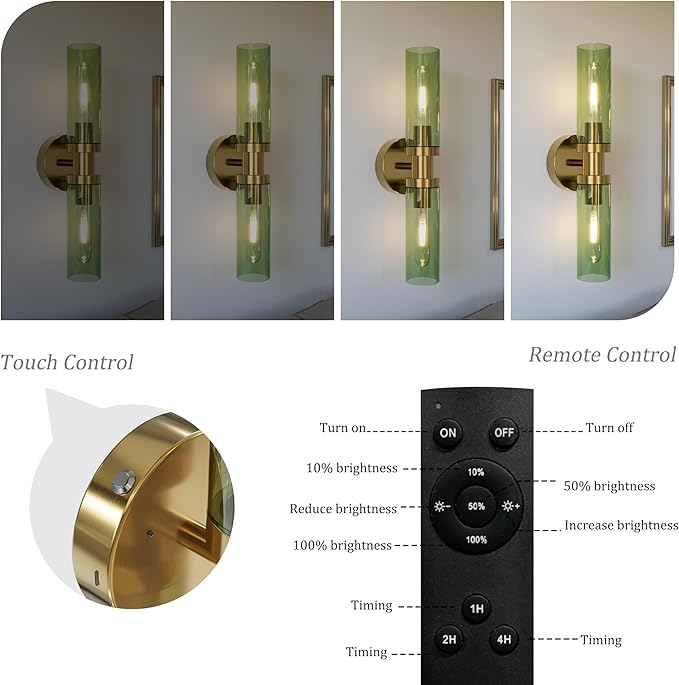 Rechargeable Battery Wall Sconce Set of Two, 8000mAh Cordless, Dimmable, Timer, Remote, Touch Control, USB-C Charging for Living Room, Bedroom Gold with Green Lampshade (Include 4 Special Bulbs)