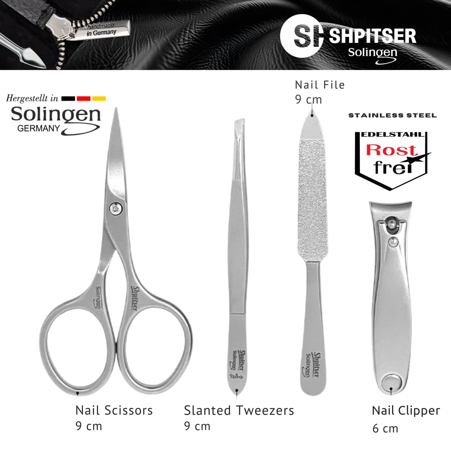Shpitser Manicure and Pedicure Set of 4 Surgical Stainless Steel Instruments, Made in Solingen, Germany, Luxury Topinox Grooming Kit In Full Grain Nappa Leather Case (Black)