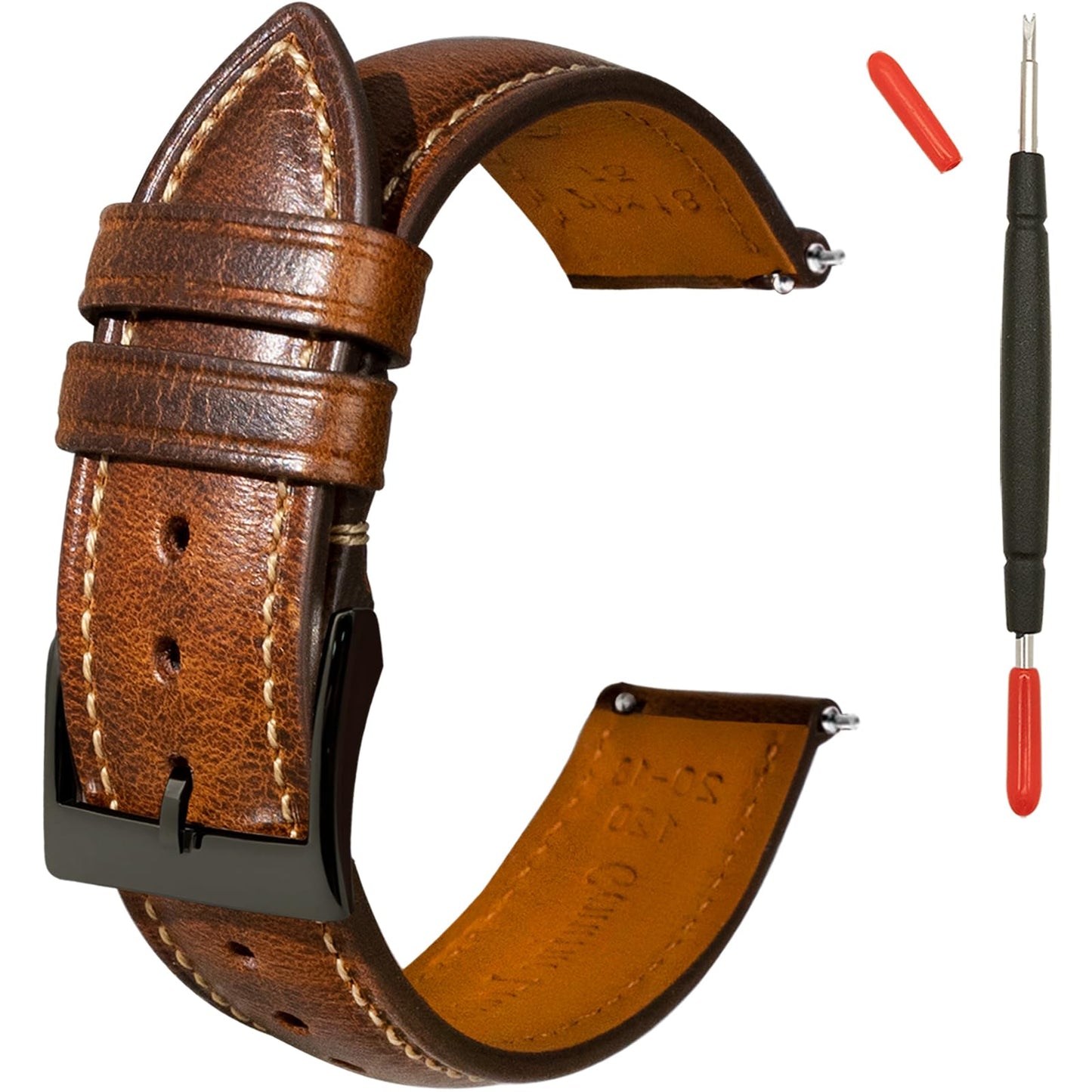 Gomvadr Quick Release Leather Watch Bands 14mm 16mm 18mm 19mm 20mm 21mm 22mm 24mm ,Vintage Oil Wax-Tanned Leather Watch Straps Men's Watch Band Replacement Watch Strap for Men Women,Tan with Contrast Stitch/Blk Buckle, 18mm