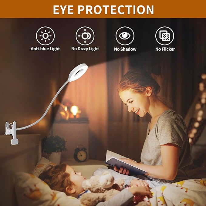 iZELL Reading Light, USB Clamp Lamp for Child Reading Book in Bed at Night, LED Small Desk Lamp with Adjustable Gooseneck Clip on Beside Table for Studying Working Drafting Sewing - 15.8‘’ White
