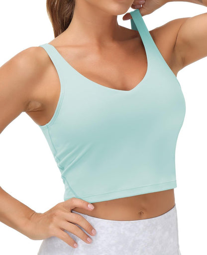 Women’s Longline Sports Bra Wirefree Padded Medium Support Yoga Bras Gym Running Workout Tank Tops Light Blue