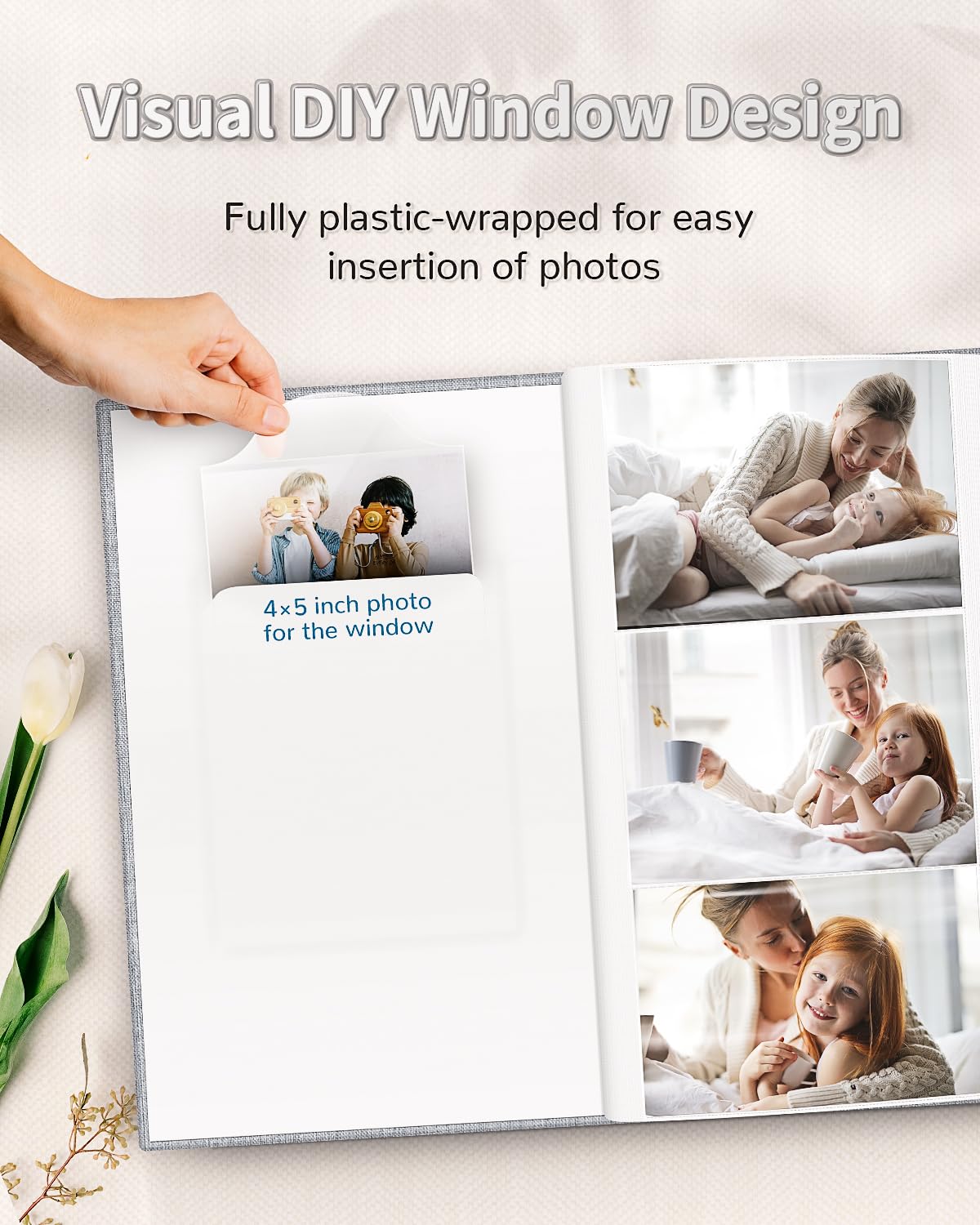 Artfeel Photo Album 4x6 with 300 Pockets,Slip-in Picture Albums,Linen Cover Memory Book with Front Window,White Page Vertical Photo Book for Wedding,Family,Anniversare,Baby,Vacation