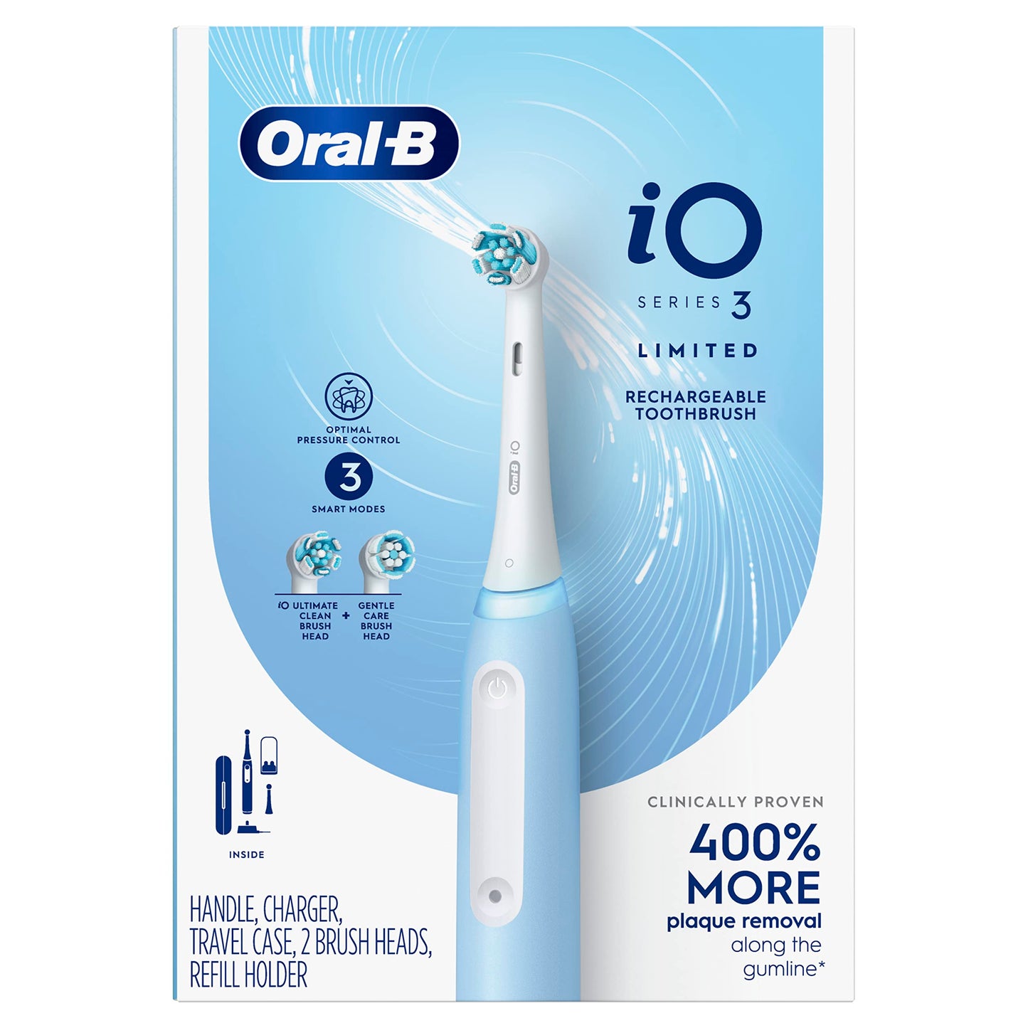 Oral-B iO Deep Clean Rechargeable Electric Powered Toothbrush, White with iO Series 3 Limited, 2 Brush Heads and Travel Case - Pressure Sensor to Protect Gums - 3 Cleaning Settings - 2 Minute Timer
