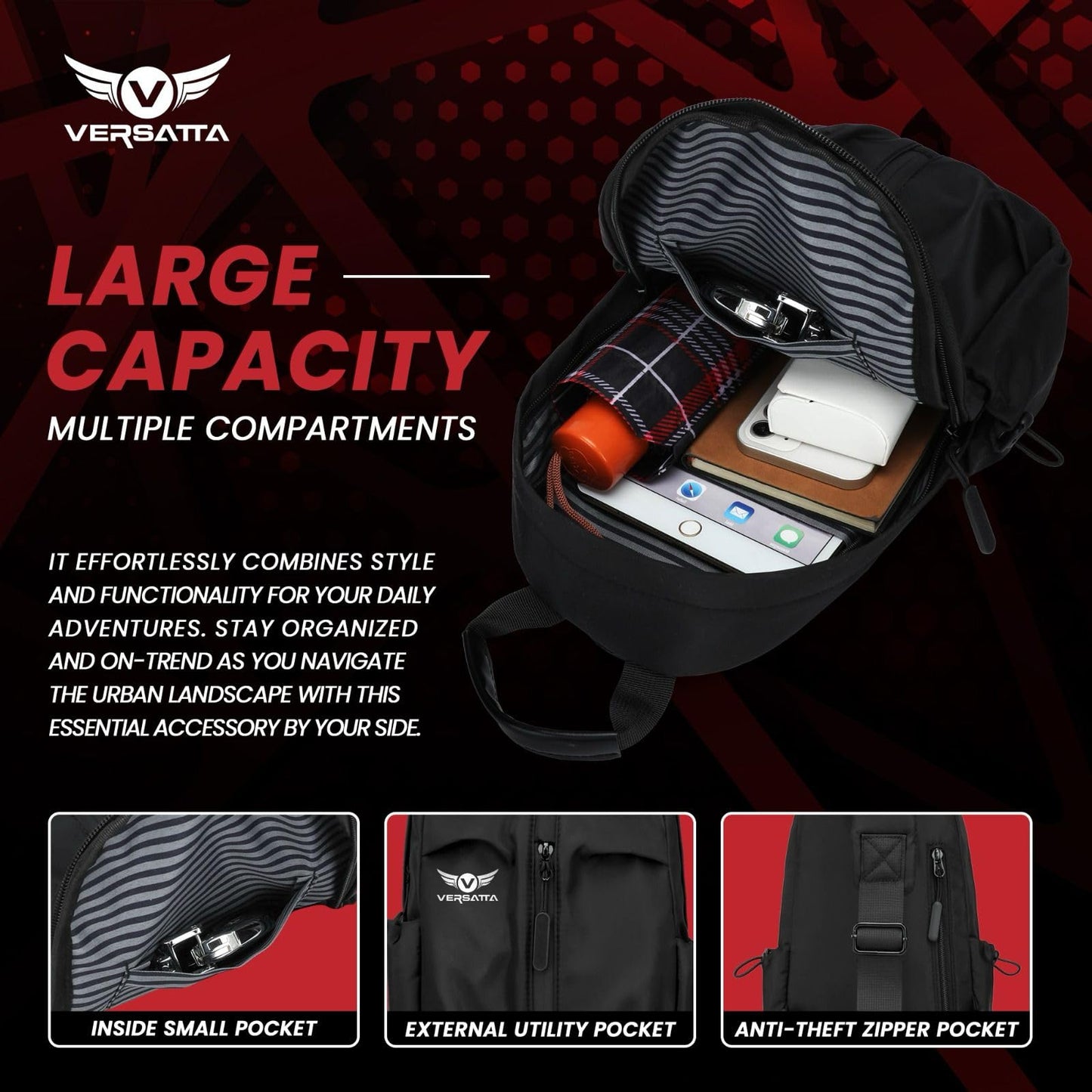 VERSATTA Small Sling Crossbody Backpack with RFID Pocket, Adjustable Shoulder Bag for Men Women, Lightweight One Strap Backpack for Hiking, Mini Travel Crossbody Bags for Women Chest Bag with USB Port