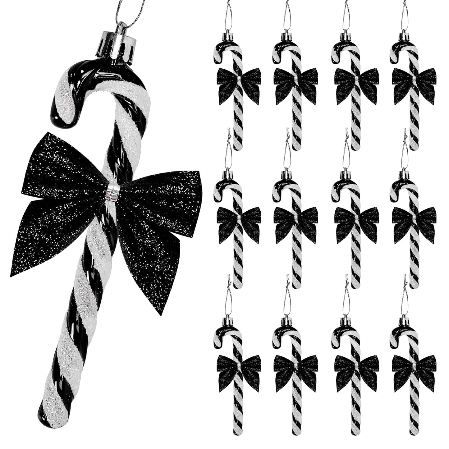 24 Pcs Candy Cane Christmas Decorations,5.5inch Glitter Candy Cane Bows for Xmas Tree Hanging Ornament Holiday Festival Party Home Decoration (Black)