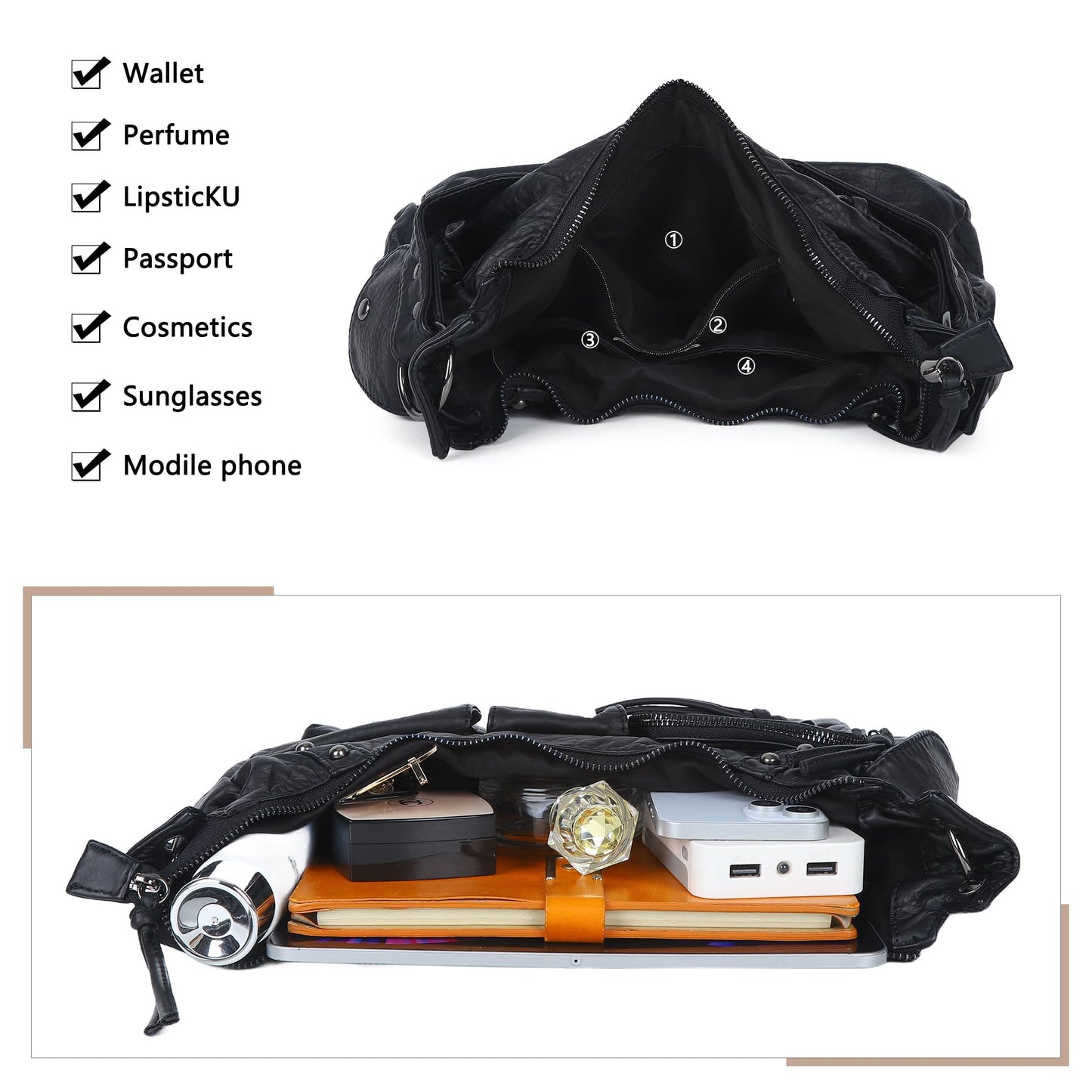 Angel Kiss Hobo Bag for Women Small, Soft Vegan Leather Shoulder Purses and Handbag with Multi-Pocket, Retro Tote Bag Crossbody with Top-Handle and Removable Strap,Black
