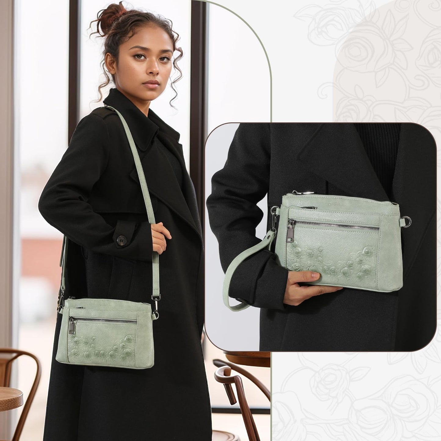MEITRUE Wristlet Wallets Clutch Purses for Women - Rose Embossed Vegan Leather Small Crossbody Bag Mini Cell Phone Wallet Purse with Adjustable Strap & Card Pockets