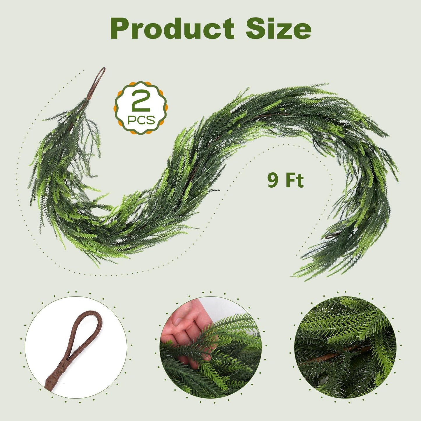 PABREY 2 Pcs 9 Ft Norfolk Pine Garlands, Artificial Real Touch Winter Christmas Green Greenery Garlands for Mantle, Fireplace, Table, Wall, Outdoor, Indoor Christmas Decorations (9 FT, 2)