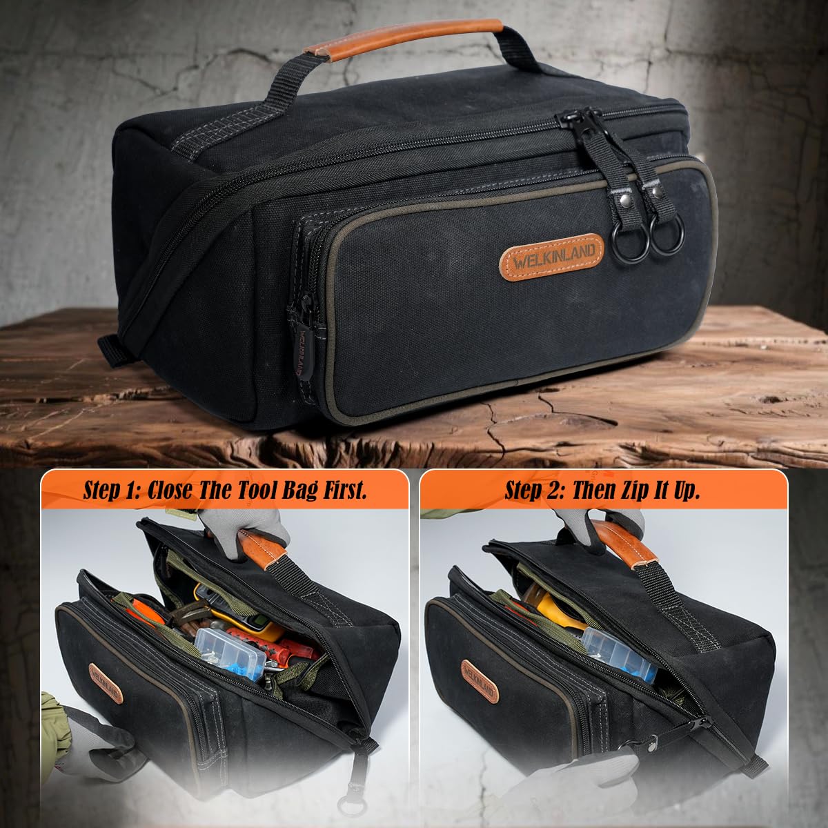 WELKINLAND LayFlat Tool Pouch Organizer, 13-Inch Small Tool Bag, Heavy-Duty Waxed Canvas Tool Pouch, 5-Pocket Small Tool Bags with Zipper, Wide-Open Electrician Tool Bag
