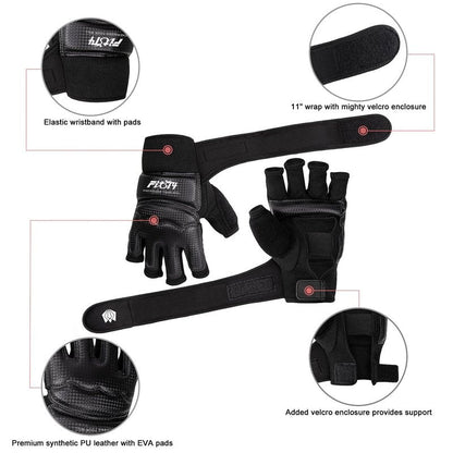 FitsT4 Sports Half Mitts MMA UFC Training Boxing Punch Bag Kickboxing Sparring Grappling Martial Arts Muay Thai Taekwondo Wrist Wraps Support Gloves for Women Men Kids Black L