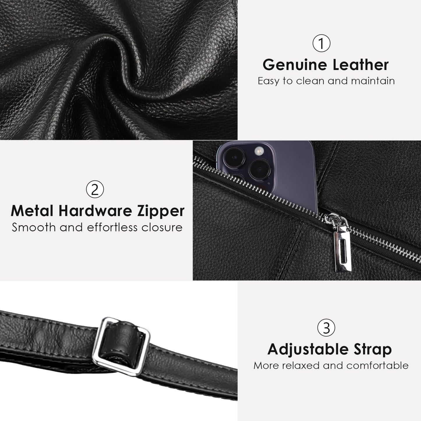 MFFOR Genuine Leather Hobo Bags for Women,Large Tote Bag, Slouchy Shoulder Handbags,Crossbody Purse with Removable Strap (Black)
