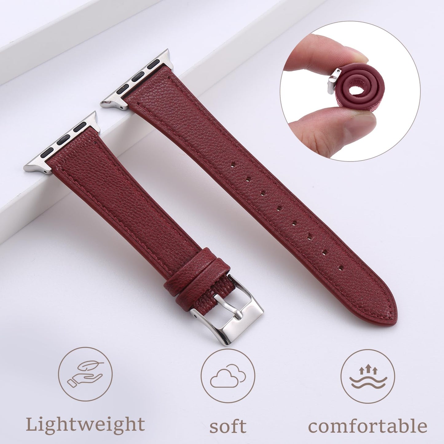 Thin Slim Soft Goatskin Women Leather Watch Bands for Apple Watch 38mm 40mm 41mm 42mm, Small Wrist Watch Band Lightweight Elegant Replacement Straps Compatible with iWatch SE 11 10 9 8 7 6 5 4 3 2 1