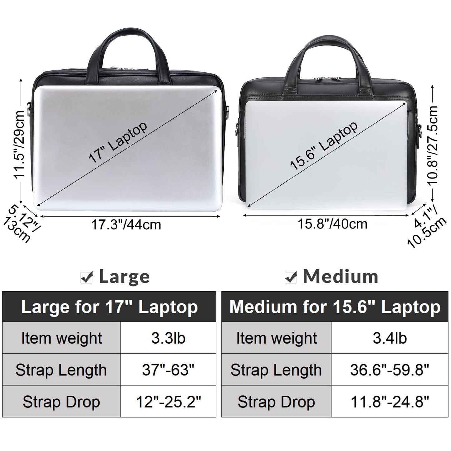 Masa Kawa Black Leather Briefcase for Men 17 Inch Laptop Computer Case Business Travel Work Messenger Cross Body Shoulder Bag