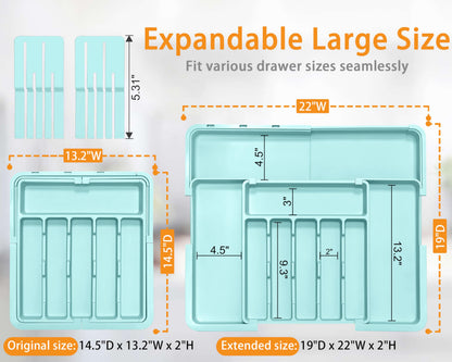 Homecor Silverware Organizer - Expandable Large Kitchen Drawer Organizer Utensil Organizer with 2 Removable Knife Blocks, 22"x 19"Cutlery Tray Drawer Dividers for Kitchen Flatware(6-9 Slots) (Black)