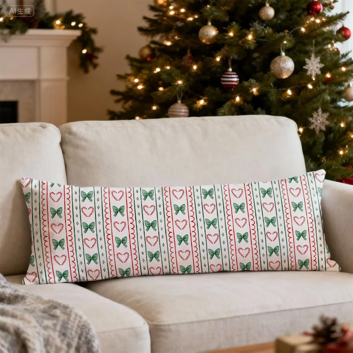 Mancheng-zi Coquette Bow Candy Cane Christmas 20x54 Body Pillow Cover Pillowcase with Zipper, Preppy Girly Christmas Decor, Retro Red and Green Xmas Decorative Long Hug Pillow Cases for Bed Couch