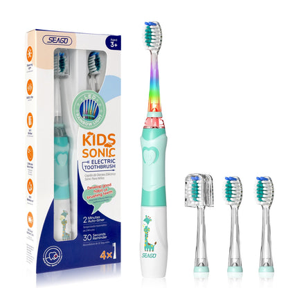 SEAGO Kids Electric Toothbrush with 2 Mins Brushing Timer and 4 Replacement Bursh Heads, Rainbow LED Light Make Brushing Fun, Boys Battery Powerd Toothbrush for 4-12 Years Old，SG-977 (Light Blue)