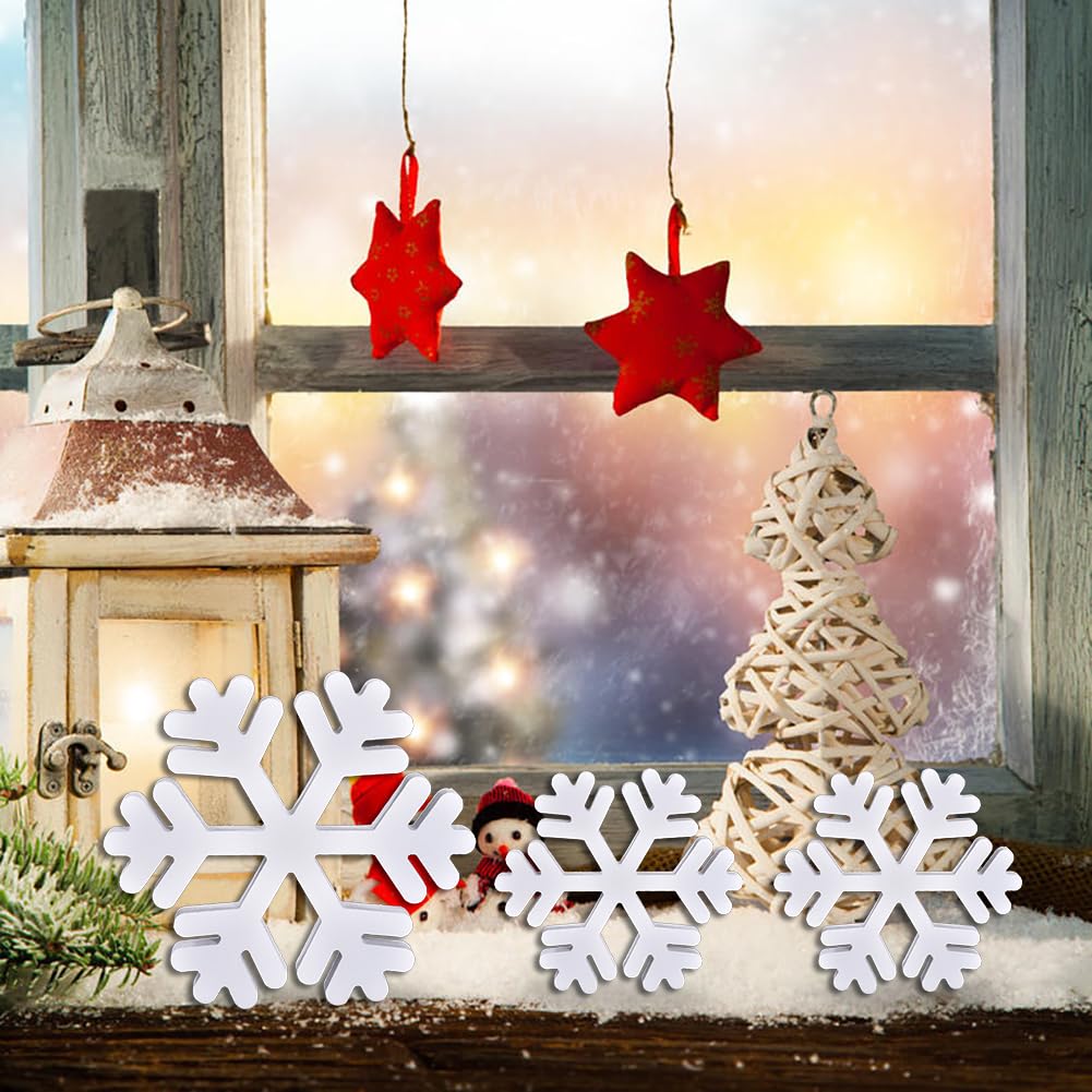 5 Pcs Winter Wooden Snowflake Decor Christmas Snowflake Signs 3D Decoration Tabletop Wood Snowflakes Centerpiece White Block Table Decor Standing Sign for Xmas Fireplace Mantel Home (white)