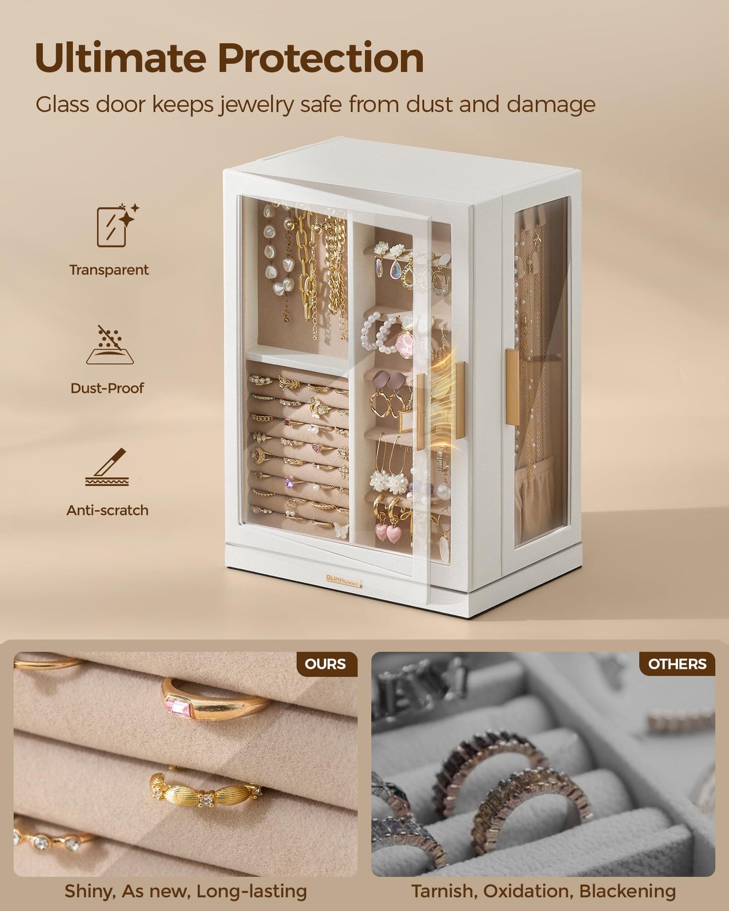 Glimmloop 360° Rotating Jewelry Box with 7 Drawers, Spacious Vertical Jewelry Organizer with Glass Window, Jewelry Storage Case, Dustproof & Moisture-resistant Design, White