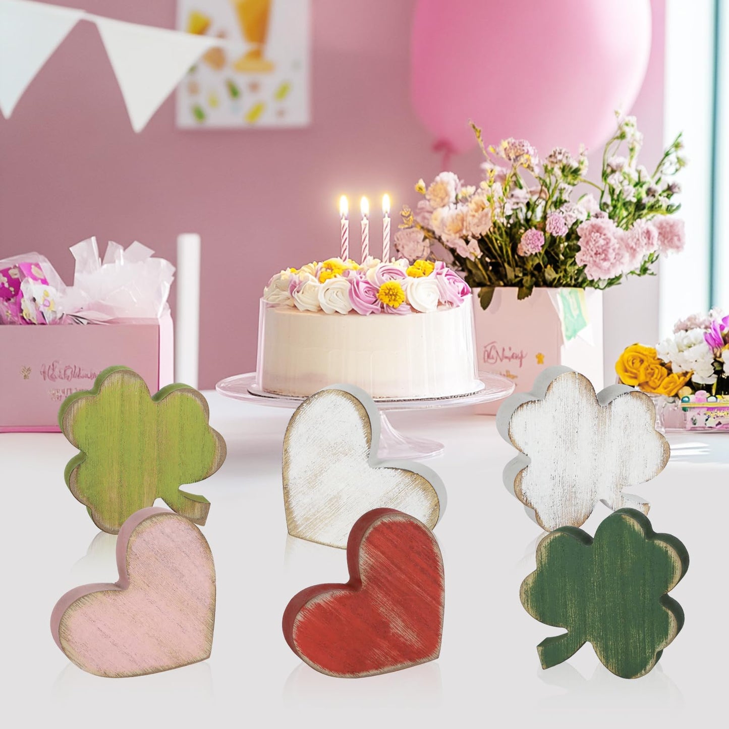 PAIVSUN 6Pcs Valentine's Day/St.Patrick's Day Tiered Tray Decorations, Double-Sided Distressed Heart and Shamrock Wooden Signs Clover Table Decor for Home Office Tabletop (Retro Mix)