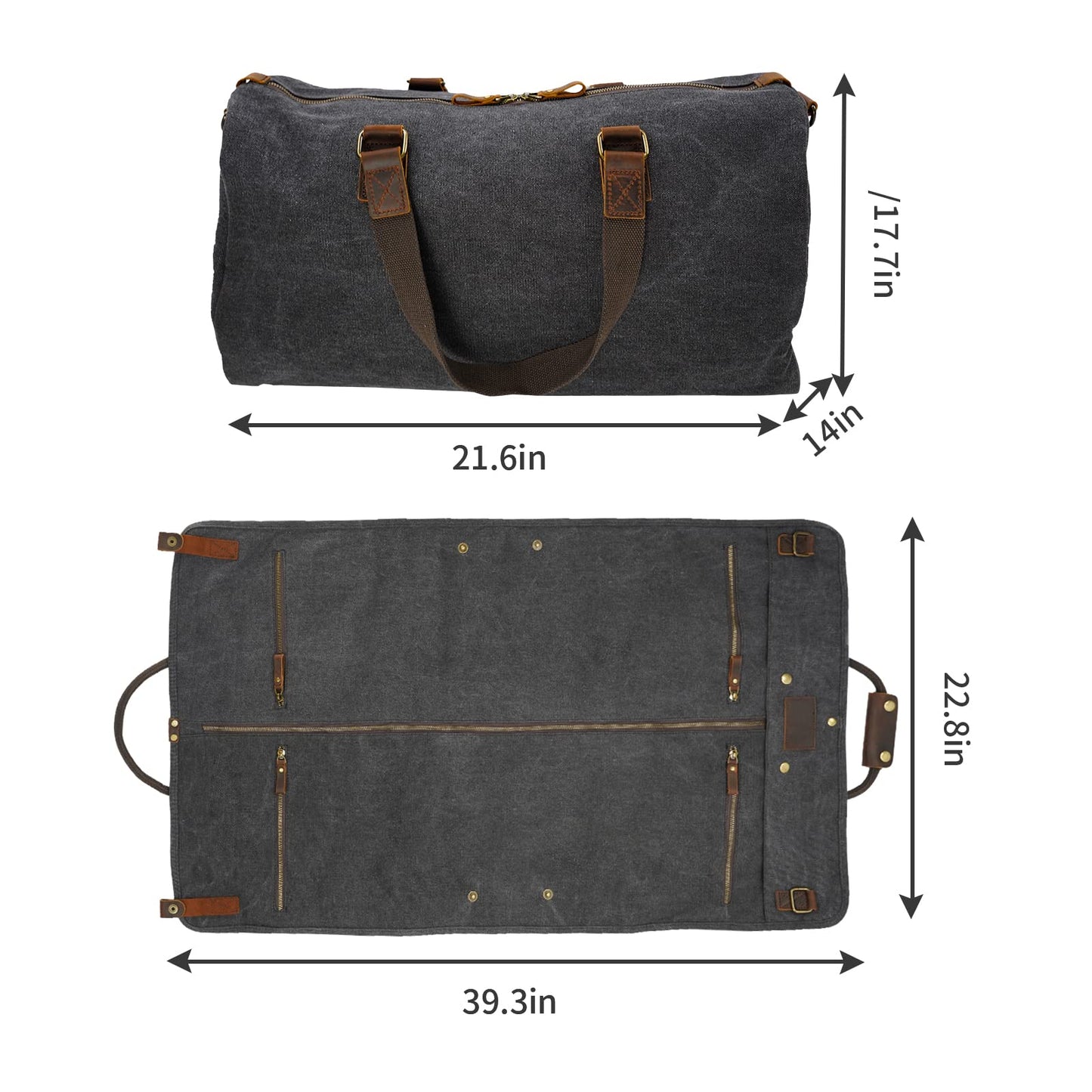 2 in 1 Suit Garment Duffle Convertible Carry-on Bag With Canvas Leather Shoulder Strap for Travel, Business Trips, Storage - Hangding Suit, Clothes, Dresses, Shoes (Black)