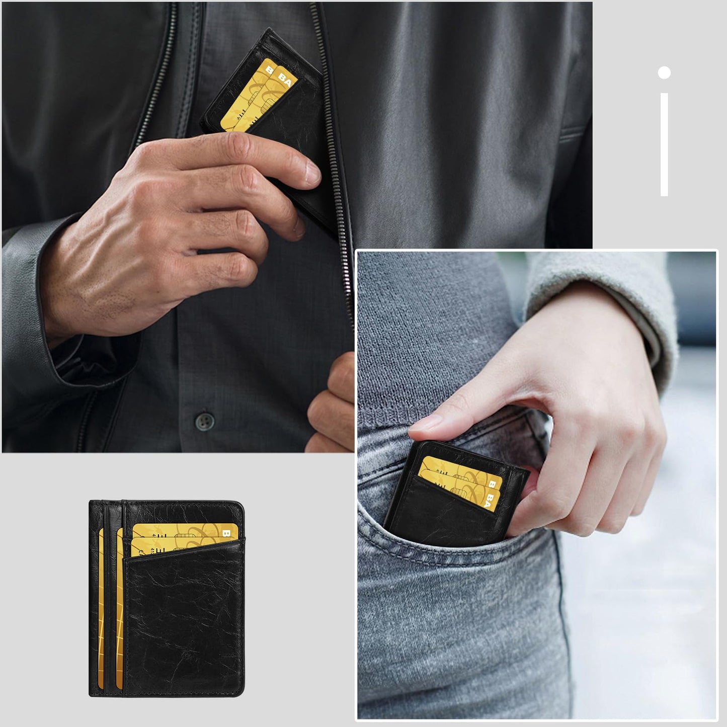 Unaone Slim Minimalist Wallet - Premium Leather Card Holder RFID Blocking Card Case with 8 Card Slots and 2 ID Window, Crackle Black