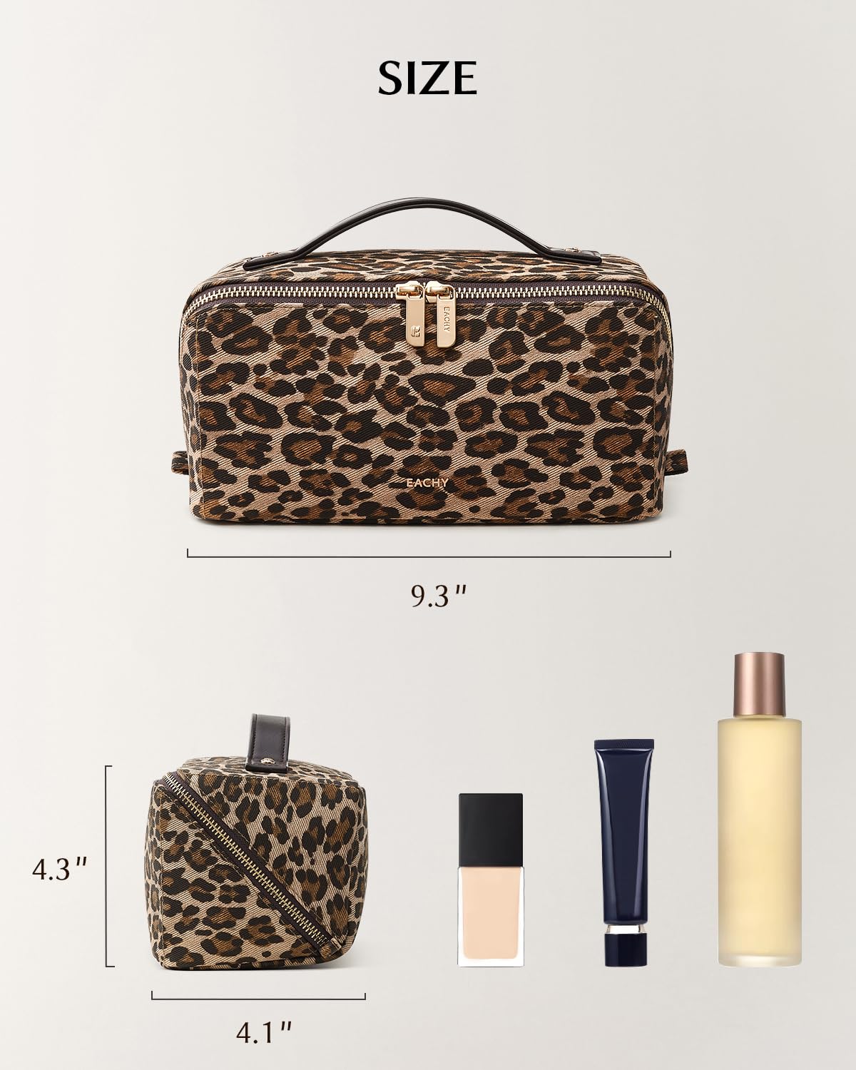 EACHY Travel Makeup Bag for Women, Large Leopard Print Cosmetic Bag with Upgraded Sturdy Zippers, Waterproof Leather Toiletry Organizer Pouch for Skincare Accessories