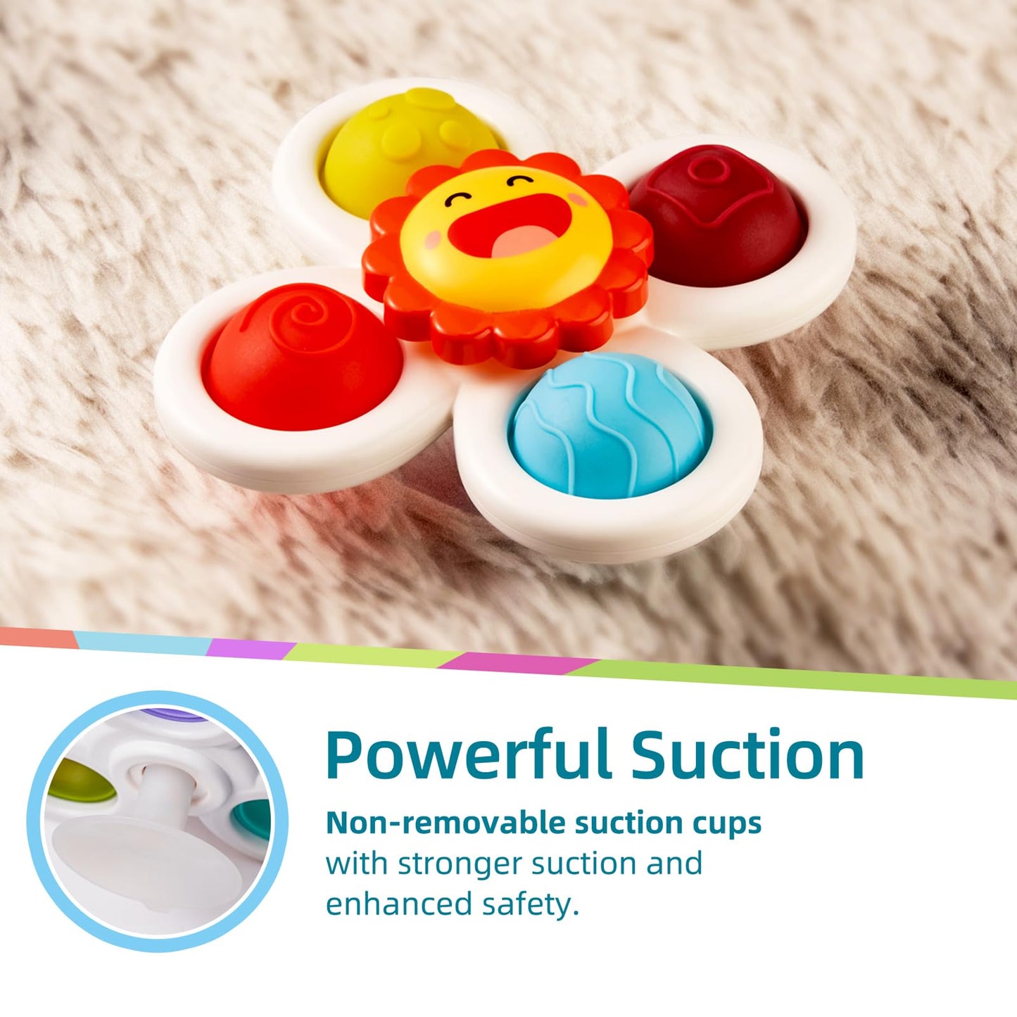 LiKee Strong Suction Cup Fidget Rotating Sensory Bath Toys for Baby 12 18 Months Airplane Car Travel Table & Window Toys for 1 2 Years Old Toddler Boys and Girls (Sun)