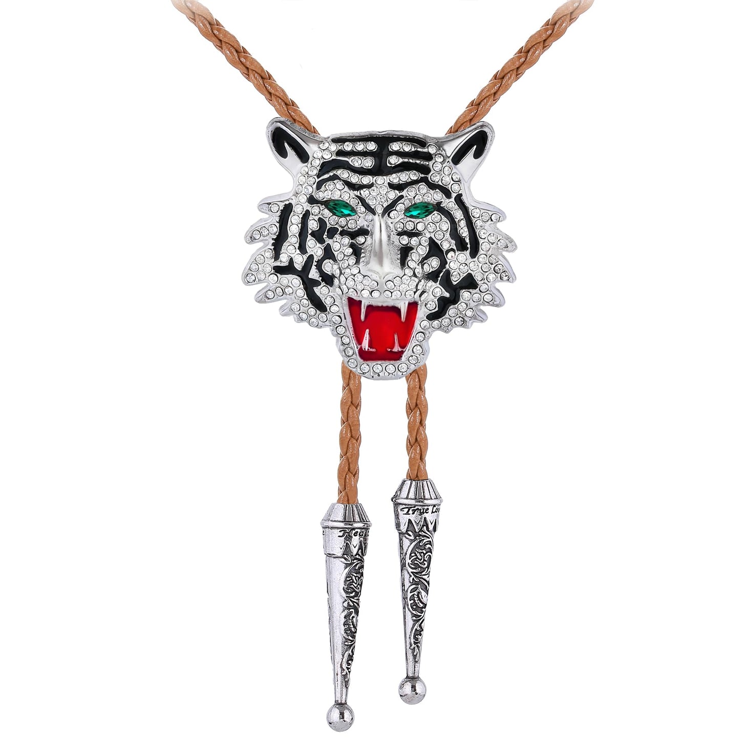 GelConnie Bolo Tie for Men - Crystal Tiger Head Bolo Tie for Men - Brown Leather Cord Western Cowboy Rhinestone Animal Bola Ties