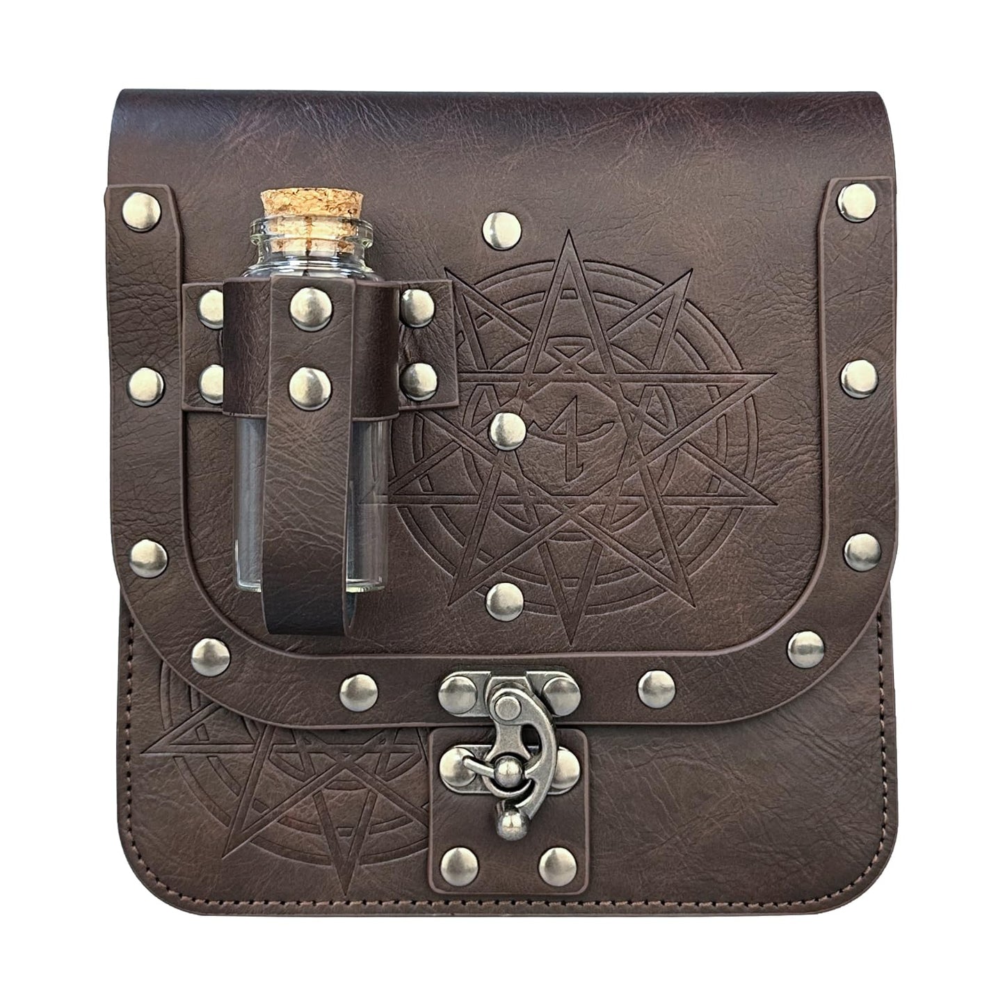 HiiFeuer Medieval Alchemy Faux Leather Belt Bag with Cork Potion Vials, Fantasy Wizard Waist Pouch Side Pack for Halloween (Brown C)