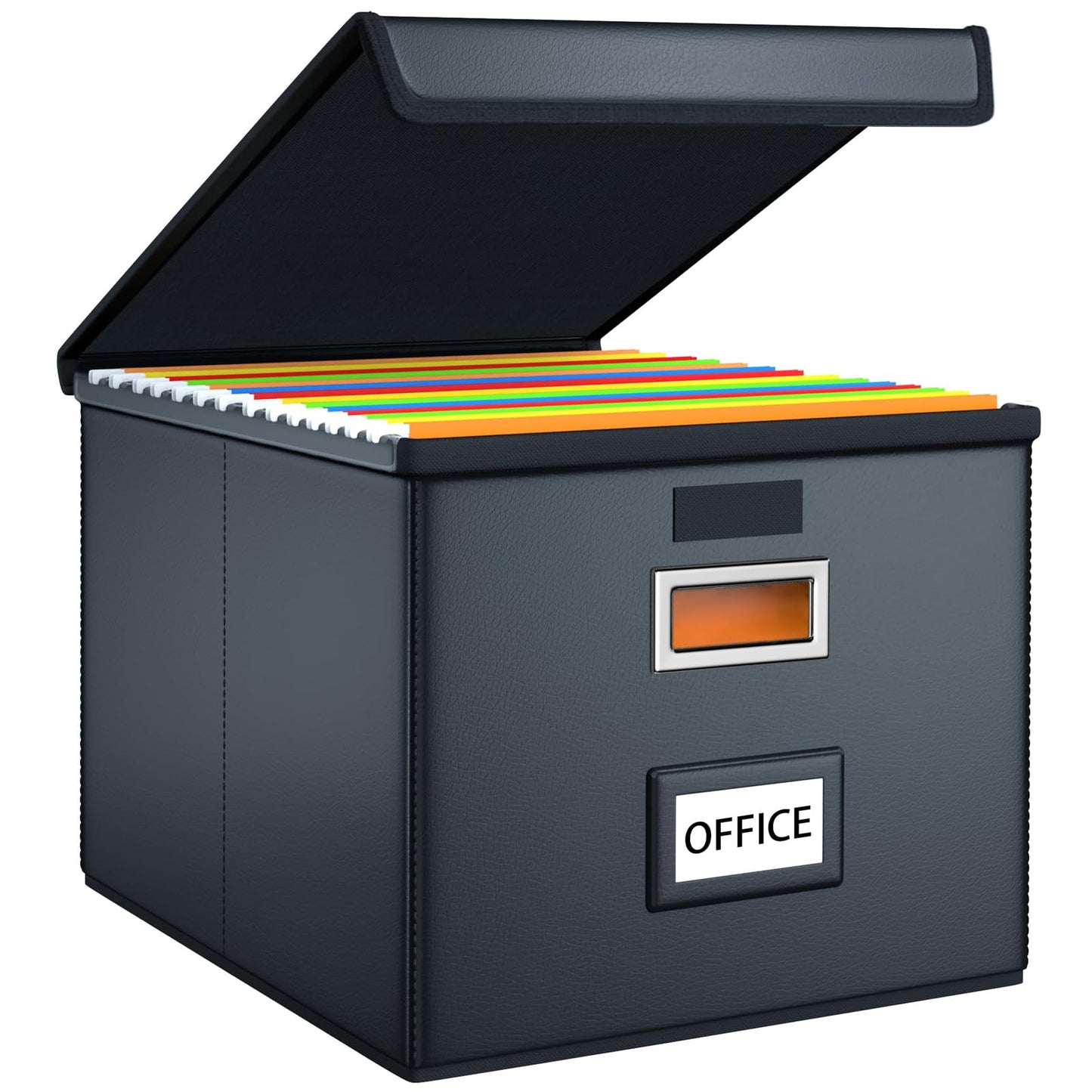 Huolewa File Organizer Box with Lid, Collapsible Faux Leather Hanging File Folder Box Organizer with Plastic Slides, Decorative Home/Office Filing System Boxes for File and Folders Storage