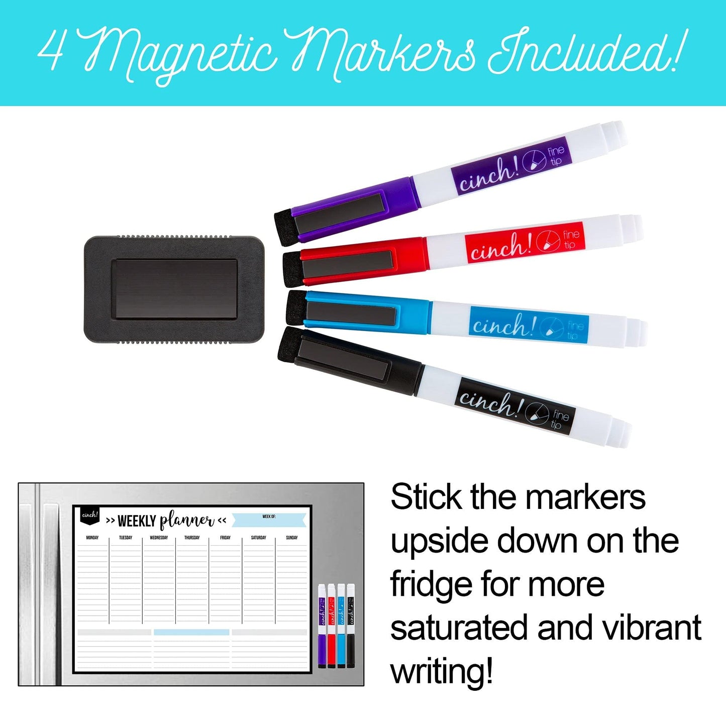 cinch! 17x12-Inch Magnetic Weekly Planner/Calendar for Fridge and Meal Planner - Stain Resistant Dry Erase Whiteboard with 4 Fine Tip Markers and Eraser for Easy Scheduling