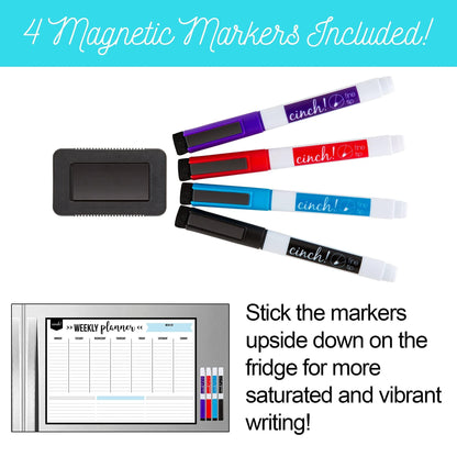 cinch! 17x12-Inch Magnetic Weekly Planner/Calendar for Fridge and Meal Planner - Stain Resistant Dry Erase Whiteboard with 4 Fine Tip Markers and Eraser for Easy Scheduling