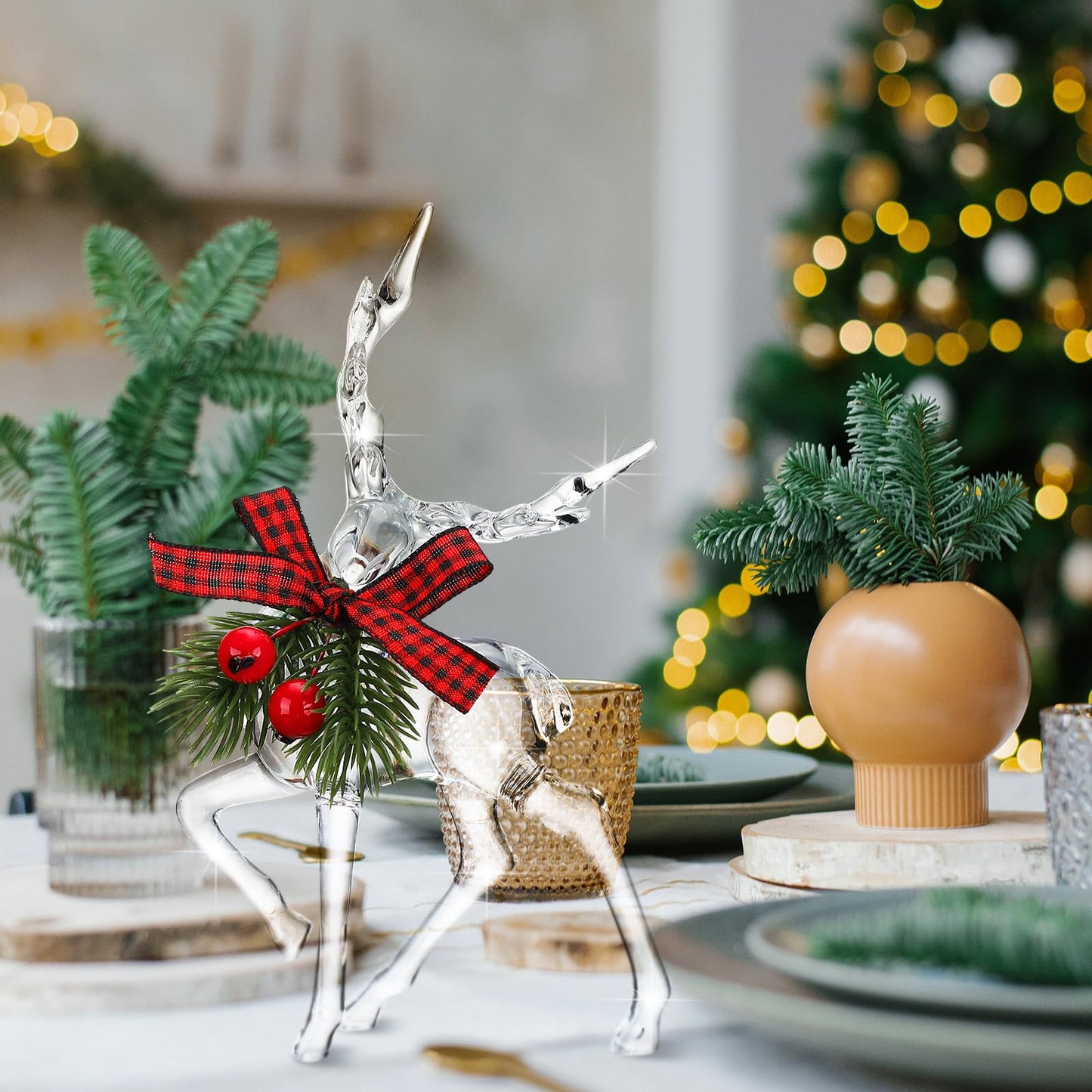 Jenaai 3 Pcs Christmas Reindeer Figurine Acrylic Reindeer Desk Decorations Deer Figurine Christmas Centerpieces for Tables with Green Pine Needle and Red Berries for Party Supplies