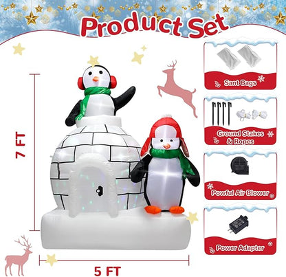 Christmas Inflatable Ice House Penguin 7 Feet Outdoor Decoration Featuring Two Adorable Penguins Ideal for Holiday Display with Built in LED Lights Perfect for Lawn Garden Entryway Christmas Party