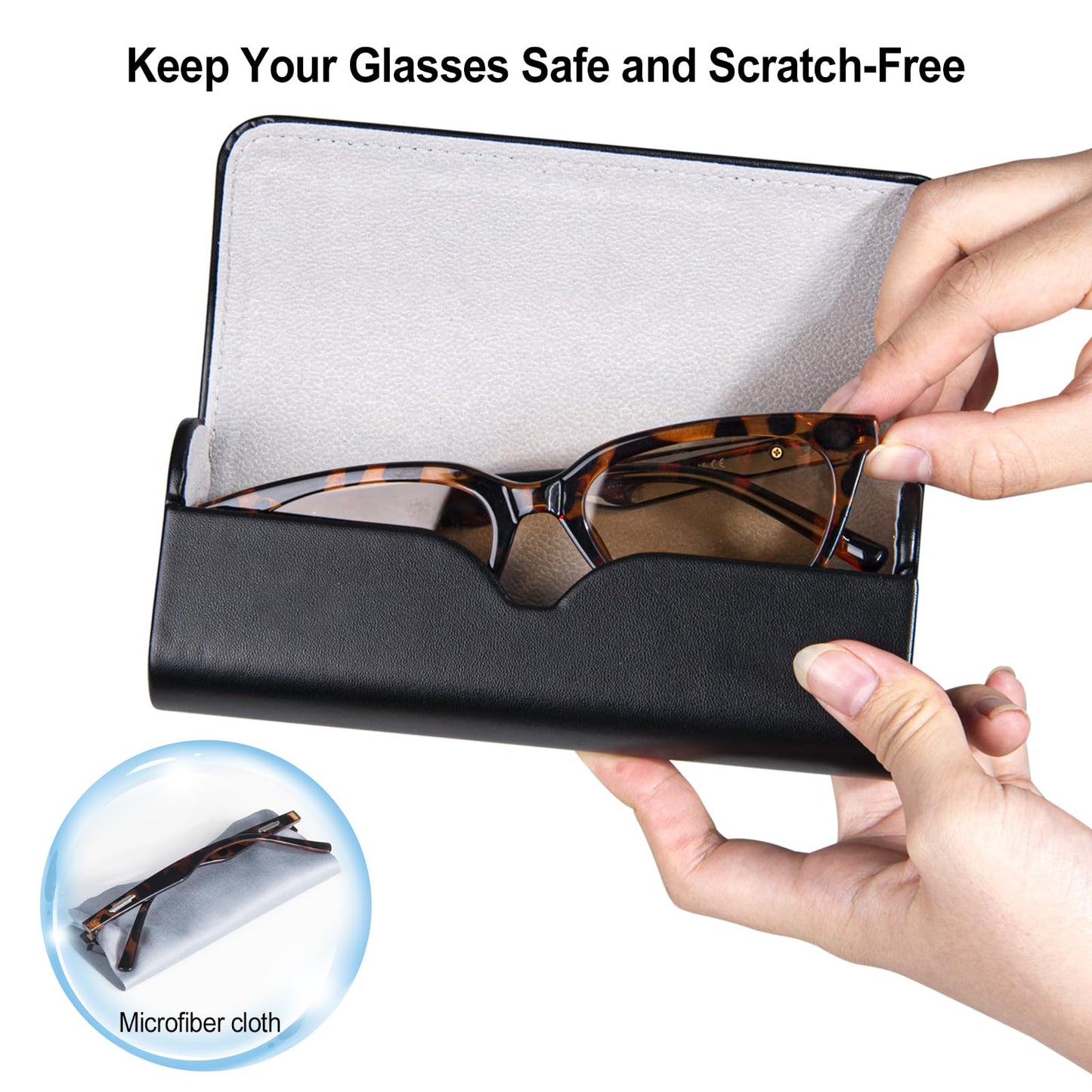 RayLove Glasses Case Hard Shell, Travel Sunglasses Case, Leather Hard Eyeglass Case for Women, Reading Glasses Case for Men (Faux Leather, Black)