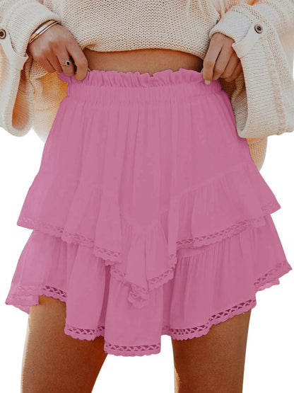 Aoudery Flowy Shorts for Women Casual Boho Ruffle Tiered Skorts High Waist Mini Skirts Golf Tennis Butterfly Crochet Shorts - Mauve Pink M
