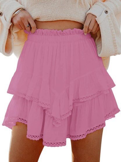 Aoudery Flowy Shorts for Women Casual Boho Ruffle Tiered Skorts High Waist Mini Skirts Golf Tennis Butterfly Crochet Shorts - Mauve Pink S