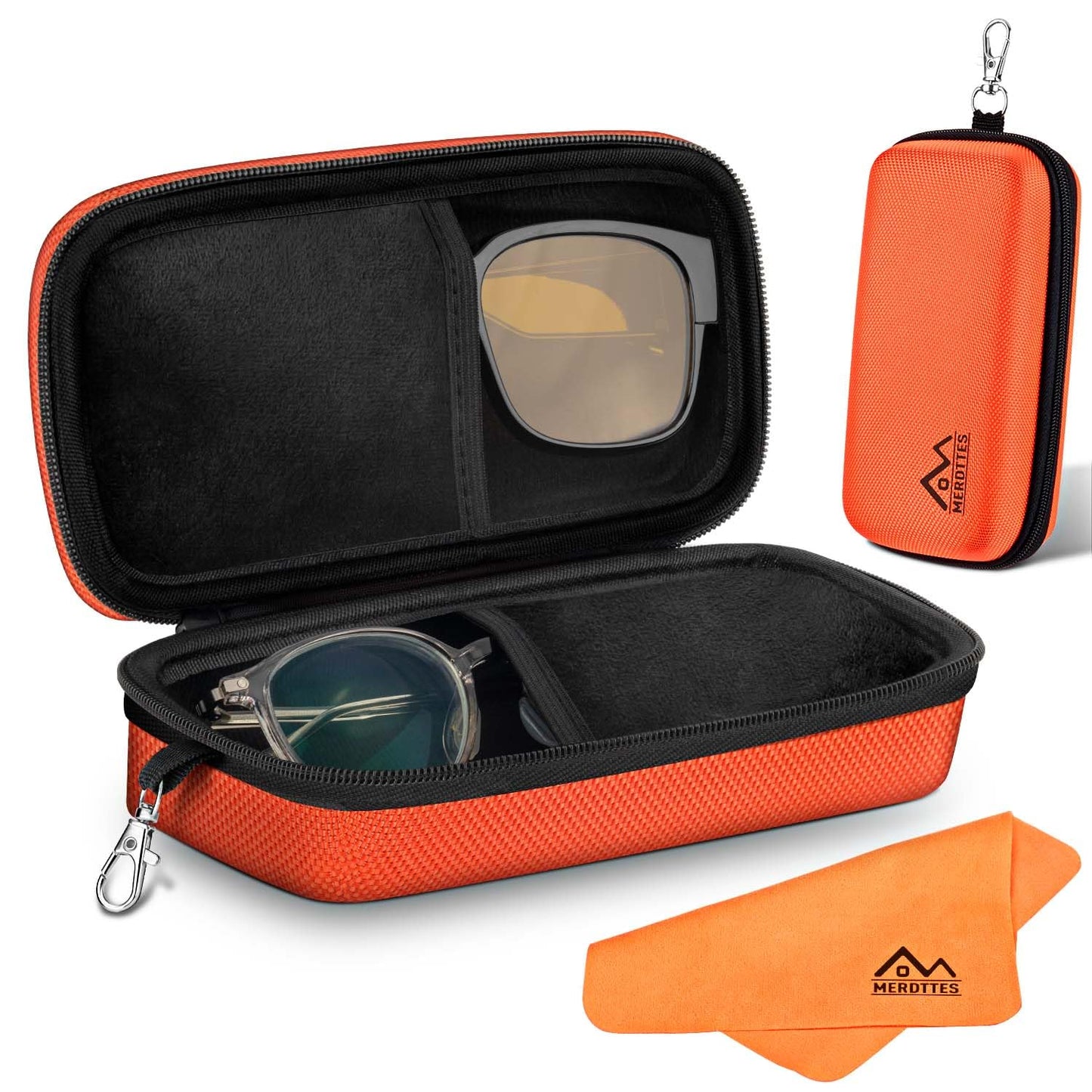 MERDTTES Large Double Eyeglasses Case, Shockproof Hard EVA Shell Dual Sunglasses Organizer with Zipper & Metal Hanging Hook, Travel Glasses Storage Case for Men and Women - Orange