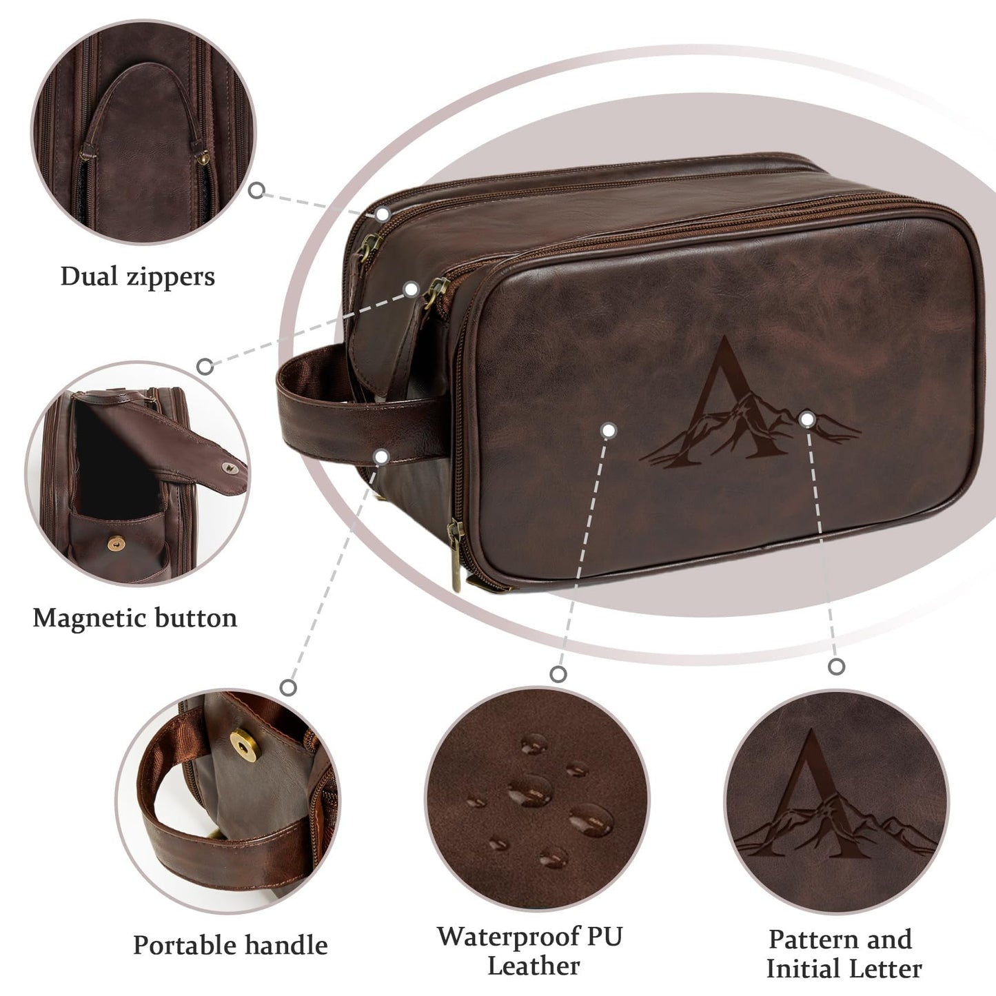Janhavi Travel Toiletry Bag For Men Waterproof, Groomsmen Gifts Personalized Leather Engraved Initials & Mountain, Mens Dopp Kit Bag, Birthday Gifts For Men, Travel Tssentials (Dark Brown A)