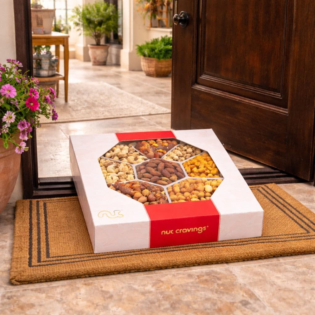 NUT CRAVINGS - Mixed Nuts Gift Basket in Red Gold Classic Box (7 Assortments, 1 LB) Treats for Adults, Food Arrangement, Healthy Snack Care Package, Kosher
