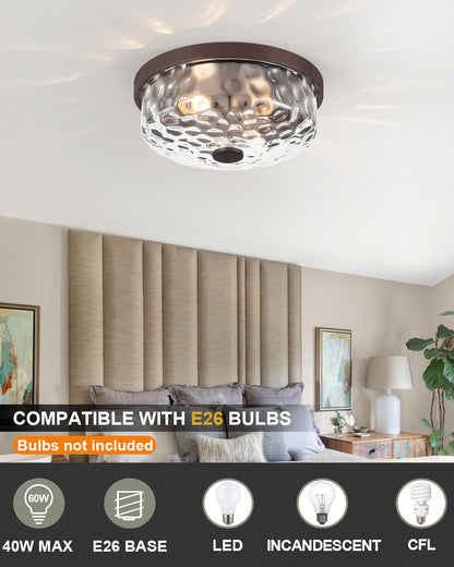 BinoBro 12 Inch Flush Mount Ceiling Light, 2 Light Industrial Fixture, Oil Rubbed Bronze, Model CL23998, Metal & Glass