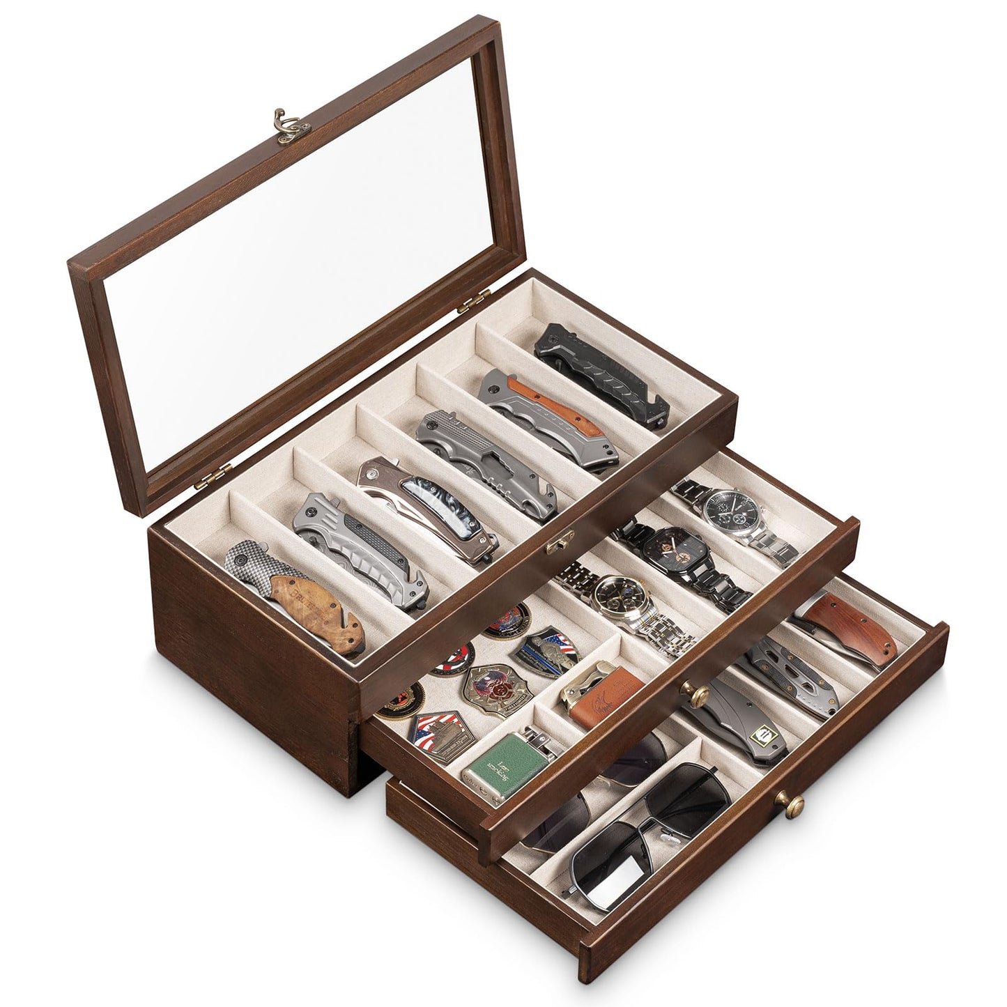 Yoimori Knives Display Box, 3-Layer Pocket Knives Box Display & Storage Knives, Solid Wood Knives Box for Collections, Gift for Boyfriend Fathers Day Birthday Gifts(Walnut)