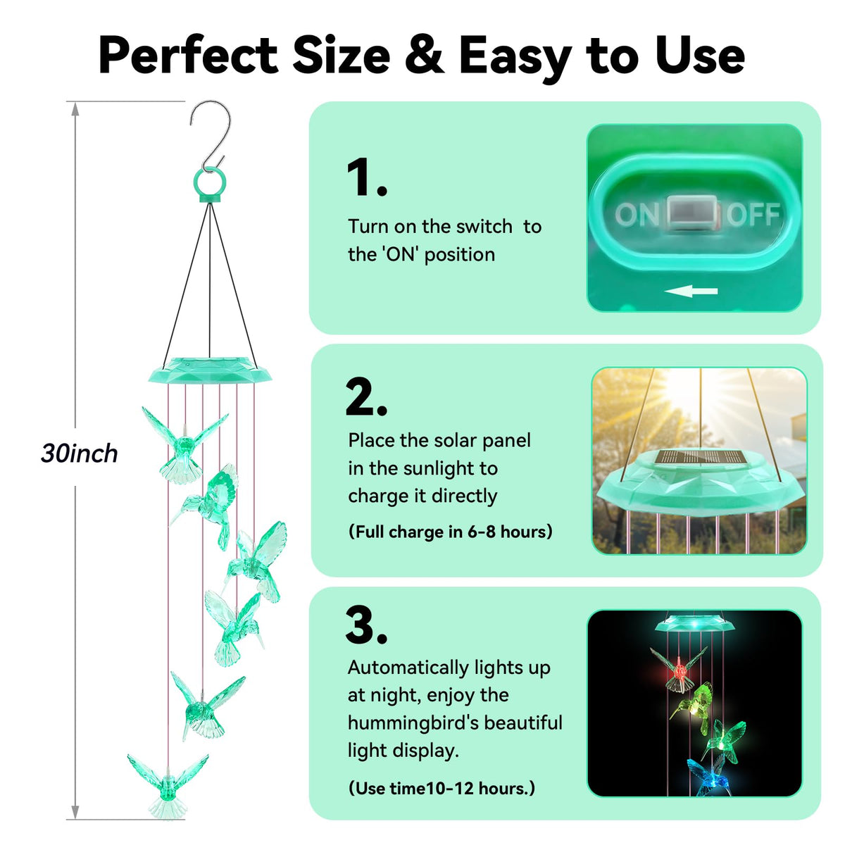 Wind Chimes,Hummingbird Solar Wind Chimes for Outside, Memorial Wind Bell for Garden/Patio Mobile Decorative Thanksgiving Gifts for Mom, Wife, Grandma Neighbors(Green 28")
