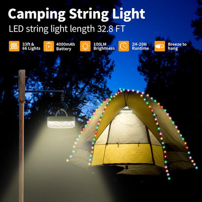 Phylosal Camping String Lights, Camping Essentials 2 in 1 Quick Storage 32.8FT Rechargeable Waterproof Tent Lights with with 6 Modes, Portable LED Hanging Light for Outdoor Patio Awning Garden Party