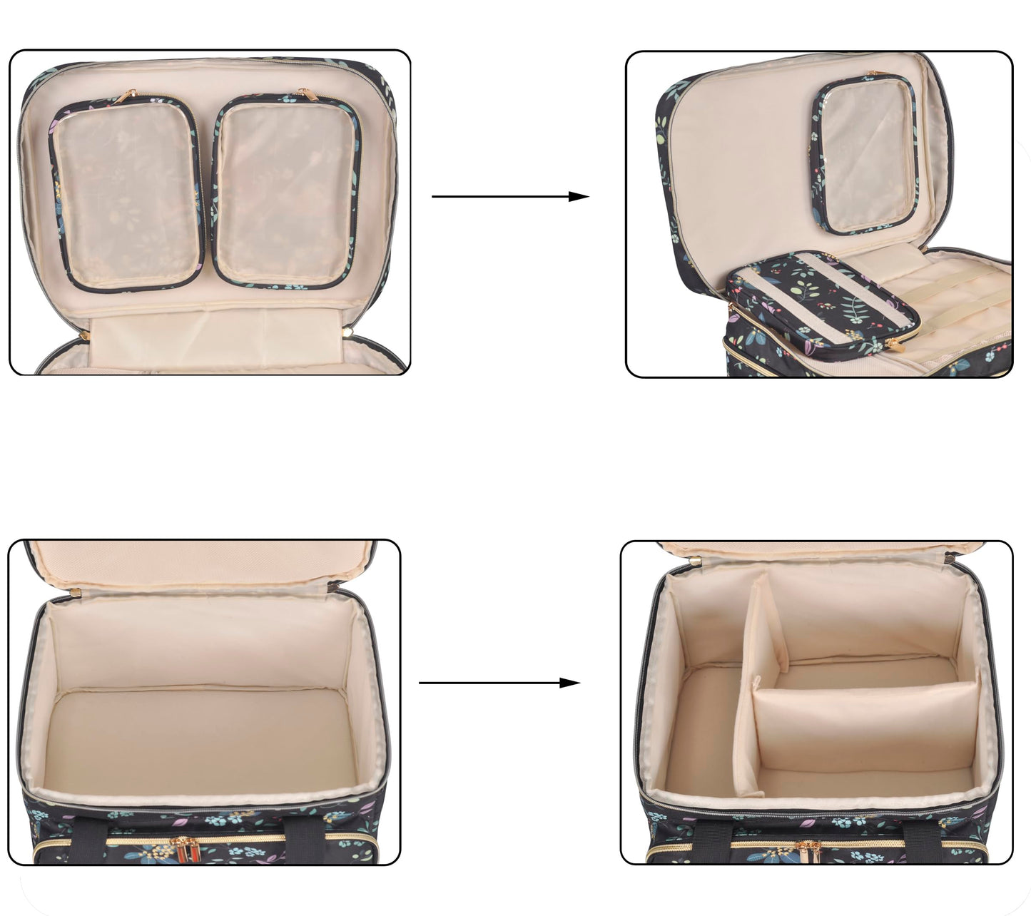 Remobia Hicol Double Layer Sewing Organizer - Bonus 2 Clear Plastic Boxes/2Detachable Pouches, Extra Large Capacity Bag for Threads, Needles & Craft Supplies (Black Leaves)